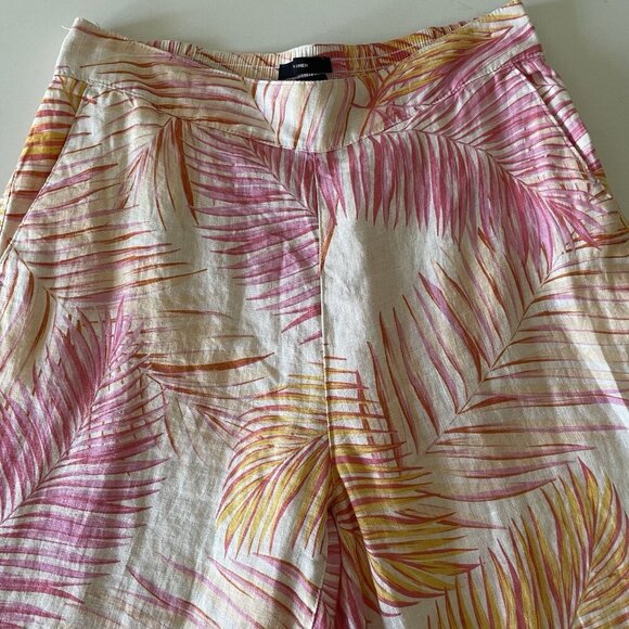 Tahari 100% Linen Cropped Wide Leg Pants M Pink Palm Print Tropical Beach Cruise - Picture 3 of 10